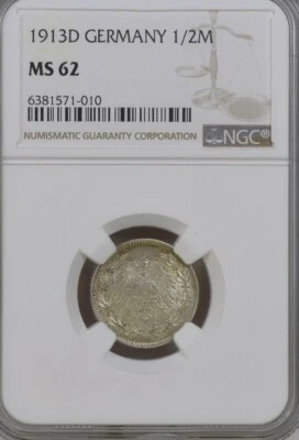 1913 D Germany, Empire. Wilhelm II AR 1/2 Mark. Munich . NGC MS 62 .Top Pop - Image 1 of 2