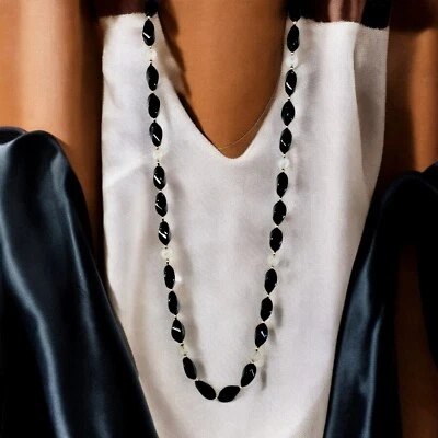 项链复古 14K 金黑玛瑙珠磨砂玉石 33 — 第 1/4 张图片