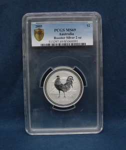 2005 2 OZ. SILVER AUSTRALIAN LUNAR YEAR OF THE ROOSTER PCGS MS69 GOLD SHIELD - Picture 1 of 4