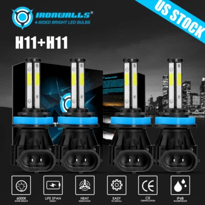 4x Kit de faros LED de haz alto/bajo H11 H9 H8 de 4 lados 6500K xenón blanco Foto 1 de 4