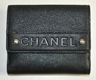 New Chanel Distressed Caviar Leather Black Grey Billfold Medium  Wallet CC