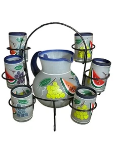 Vtg Handmade Blown & Painted Mexican Lemonade Pitcher 6 Glasses And Metal Holder - Picture 1 of 10