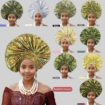 African Auto Gele Headtie Nigeria Women's Head Wrap Wedding Party Turban Cap Hat - Image 1 of 4