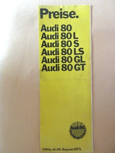 Audi 80 Preisliste August 1973, mit GL und GT, Händlerstempel - Bild 1 von 1