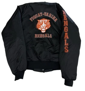 Vintage 1980s Nasco Fuquay Varina High School Bengals Satin Bomber Jacket Black - Picture 1 of 10