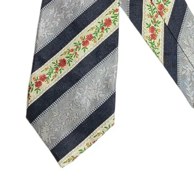 Kenzo Homme Silk Tie Men’s 59” Gray Navy Floral Stripe Retro Cottage Wide New - Image 1 of 4