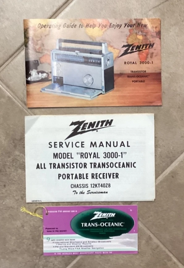 ZENITH ROYAL 3000-1 TRANS-OCEANIC RADIO OPERATING GUIDE/SERVICE MANUAL/ HANG TAG - Image 1 of 4