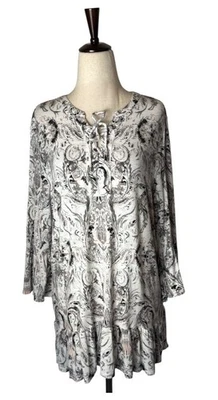 Tribal Shirt Women Large Ivory Gray Floral Fleur Lace Up Neck Ruffle Hem Top - Image 1 of 4