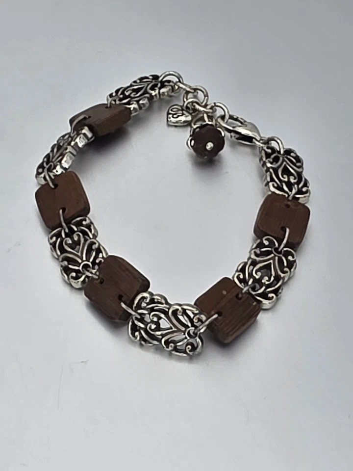 Brazalete De Colección Firmado Brighton Madera de Secuoya Plateado Panel Desplazado ¡ENVÍO GRATUITO DE $!! Foto 1 de 4