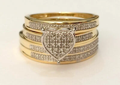 Juego de anillos nupciales redondos simulados en forma de corazón de 2 quilates enchapados en oro de plata 925 Foto 1 de 4