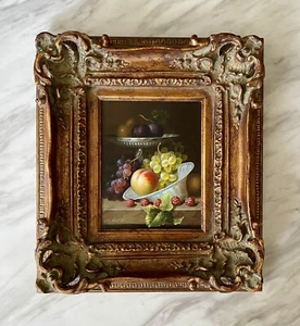"Marco dorado ornamentado estilo barroco grueso de 3"" al óleo sobre lienzo de fruta oscura 16x18"" firmado" - Imagen 1 de 11