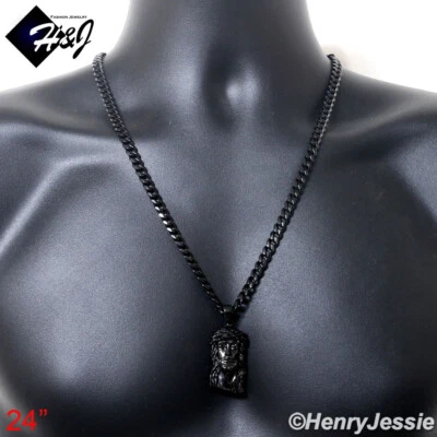 Colgante Cara Jesús 18-40" HOMBRE Acero Inoxidable 6mm Chapado en Negro Cadena Cubana Circonita *133 Foto 1 de 4