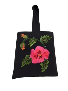 Maggy London Womens Wrist Hand Bag Purse Black Pink Embroidered Floral - Picture 1 of 9
