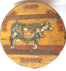 Vintage Wood Round Cheese Box Hand Painted Butter and Cream Dairy Cow Farmhouse - Picture 1 of 22
