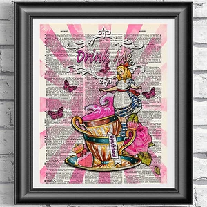 ART PRINT ON ORIGINAL ANTIQUE BOOK PAGE Drink Me Alice in Wonderland Dictionary - Picture 1 of 4