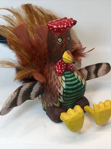 Unique Vintage Hand Carved Hand Painted Rooster Figurine W Real Feathers Tail PO - Picture 1 of 11