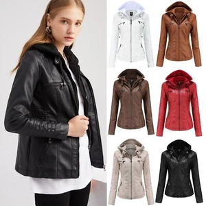 Women's Tops Zip Jacket Belt Stand Collar Leather Slim Suit Motorcycle Coats - Picture 1 of 45
