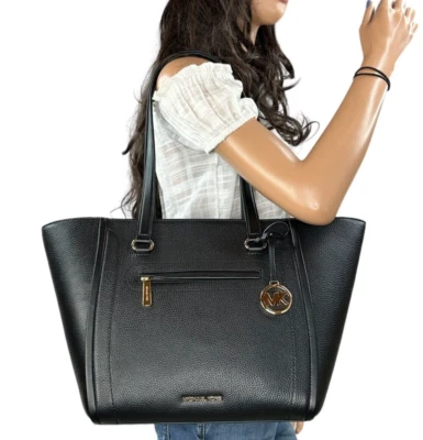 Bolsa tote de couro Michael Kors Carine grande bolso frontal ombro preta - Imagem 1 de 4