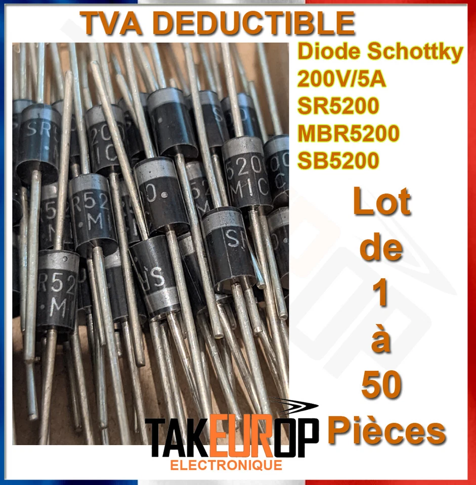 LOT DE 1, 2, 5, 10 ou 50 DIODES SCHOTTKY 200V 5A SR5200 - MIC -  - Photo 1/1