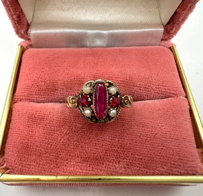 10K REAL SOLID YELLOW GOLD GORGEOUS VICTORIAN RING RED SPINEL RUBY SEED PEARLS L - Image 1 of 4