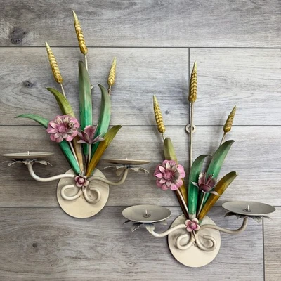 Juego de 2 apliques de velas de pared florales vintage Tole de metal Shabby Chic Cottage Boho Foto 1 de 4