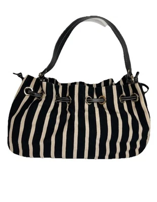 Kate Spade Canvas Leather Striped Black White Shoulder Purse Bag Gold Detail  - Image 1 of 4