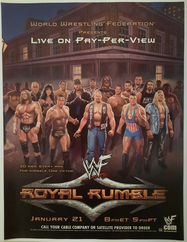 Anuncio impreso promocional WWE Royal Rumble 2001 8" x 10,5" casi nuevo Stone Cold The Rock Triple H Foto 1 de 1