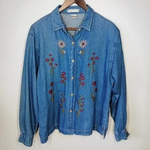 Vtg Maggie & Max Denim Floral Embroidered Top Womens Large Button Up Grandmacore - Imagen 1 de 10