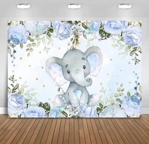 Blue Baby Shower Backdrop & Banner Decorations For Boy Elephant Theme Set - Picture 1 of 4