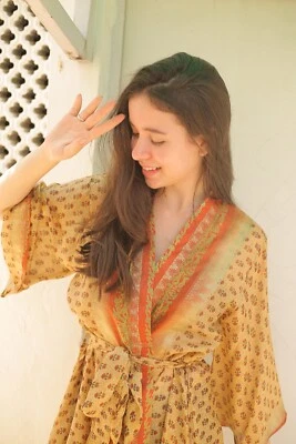 Vestido midi kimono de seda pura hasta la rodilla beige PS MKMO1225 Foto 1 de 4
