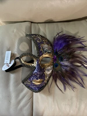 Venetian Side  Feather Mardi Gras Masquerade Women Party Mask Costume w Magnet - Image 1 of 4