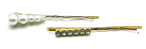 Faux Pearl and Rhinestone Hair Bobby Pins Lot of 2 Mixed Metals Dressy Bling