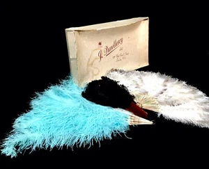 Antique Art Deco J Duvelleroy Ostrich Feather Hand Fan Set of 3 & Storage Box - Picture 1 of 14