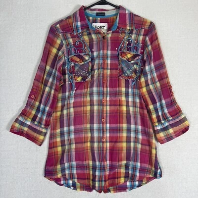 Blusa Roar feminina xadrez XL multicolorida manga aba rolo bordada - Imagem 1 de 4