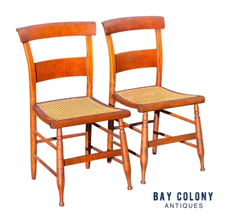 19TH C ANTIQUE PAIR OF TIGER MAPLE SIDE CHAIRS WITH CANE SEATS Cover