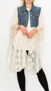 ORIGAMI cardigan NATURAL LACE DENIM vest shirt SM-3X BOHEMIAN western vintage - Picture 1 of 10