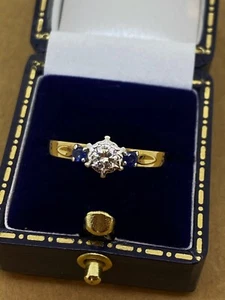 0.25ct Old-European Cut Diamond & Sapphire Three-Stone Retro Ring in 18K & Plat. - Picture 1 of 8