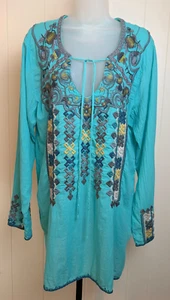 Top túnica Sundance talla L bordada turquesa manga larga boho festival colorido - Imagen 1 de 10