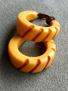 Bakelite Vintage Earrings  Clip-On Butterscotch Hoops - Picture 1 of 4