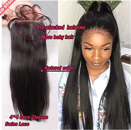 Cabello humano liso peruano 3 paquetes con extensiones de cabello con cierre de encaje de 4"X4" Foto 1 de 4