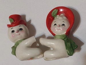 Vintage 1950er Lefton Schneemann & Snowlady Weihnachten Kerze Becher Huggers SCHADEN LESEN - Bild 1 von 14