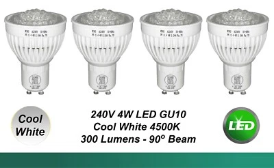 4 x 4W 240V GU10 Wide Beam LED Downlight Globes Bulbs Cool White 4500K - 90D - Image 1 of 4