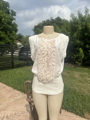VIKTOR & ROLF CREAM COLOR SILK RUFFLE FRONT SLEEVELESS CASUAL BLOUSE Sz 40 - Image 1 of 4