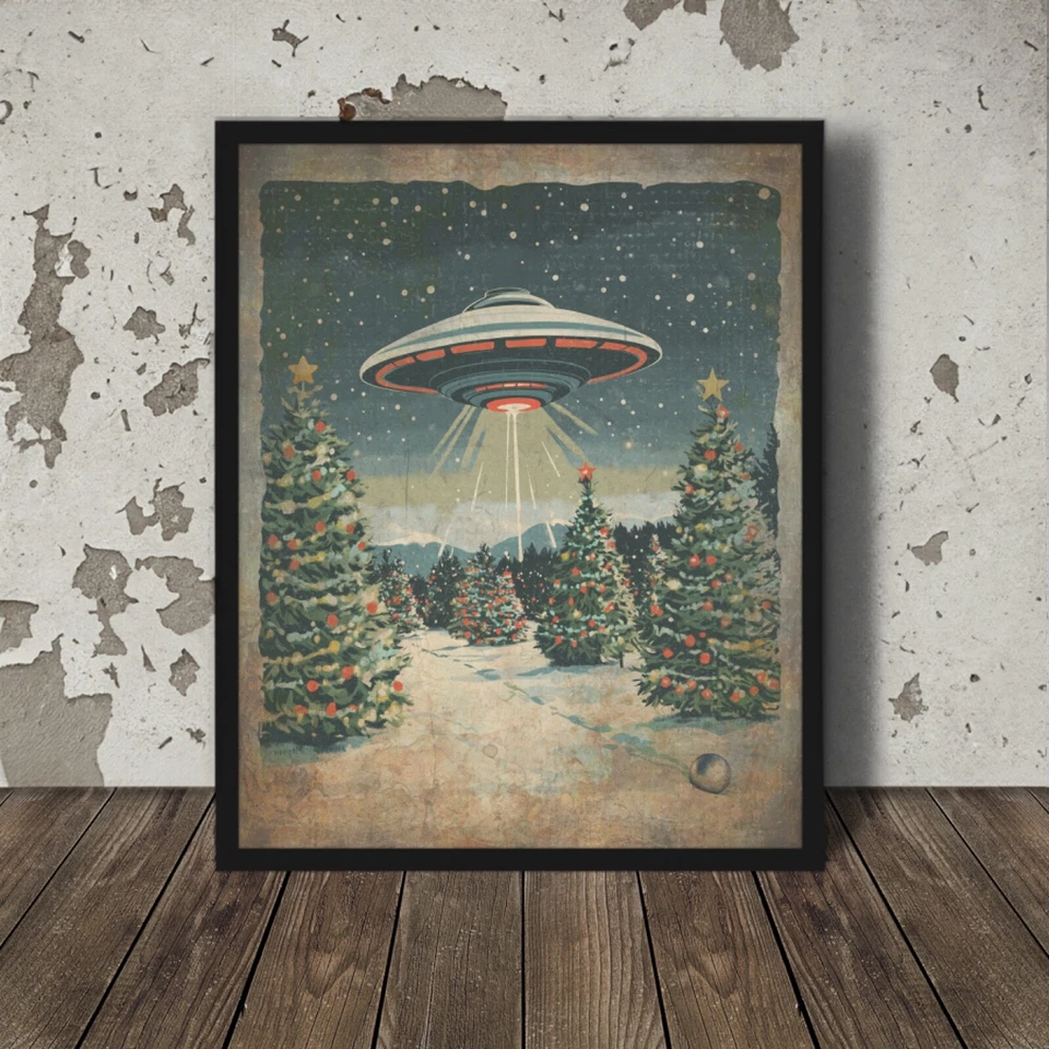 Póster de árbol de Navidad OVNI, arte de pared extraterrestre de Navidad, orbe de ciencia ficción retro decoración navideña Foto 1 de 4