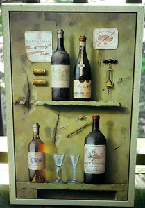 De VILLANEUVE Framed Print On Board TROMPE L'OEIL WINE BOTTLES 21.25" x 13.25" - Picture 1 of 24