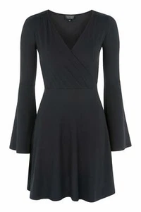 Topshop Black Flute Sleeve Wrap Fit Flare Dress Party Ribbed Jersey - Picture 1 of 5