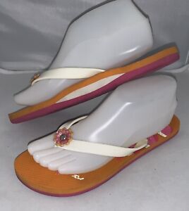 BRIGHTON White & Orange Rubber Flip Flops Thong Sandals ~ Size 7-8