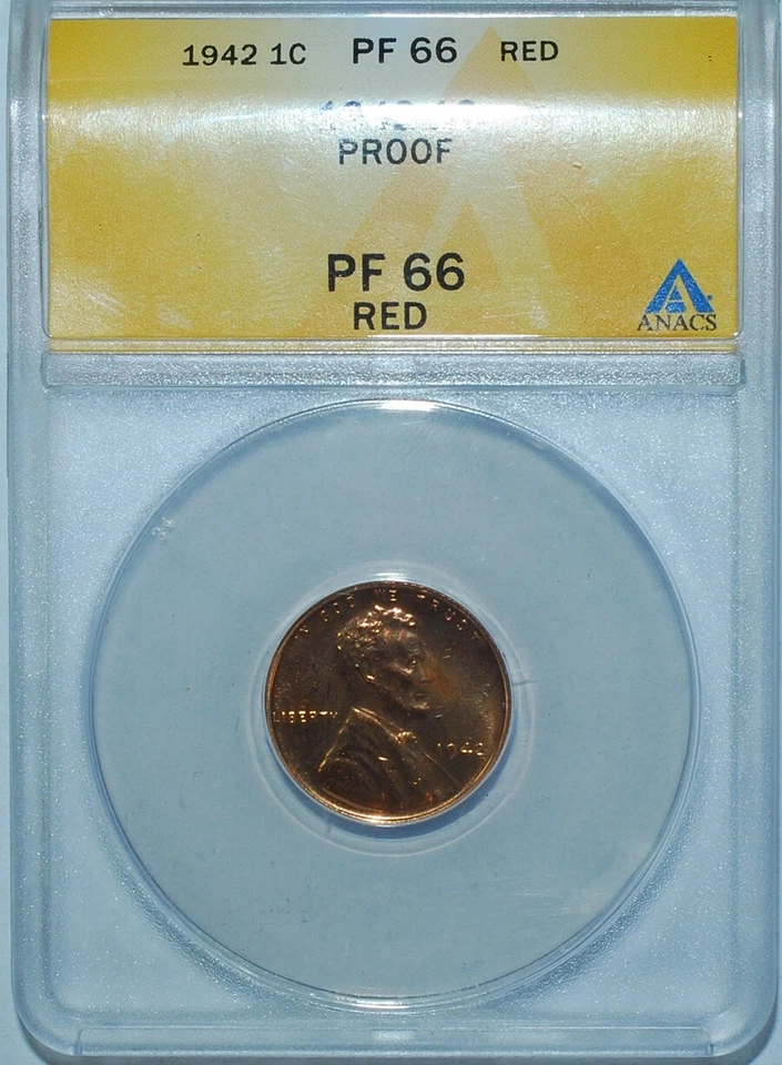 1942 ANACS PR66RD Red Proof Strike Lincoln Wheat Cent Penny - Image 1 of 2