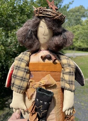 Vintage Primitive Autumn Harvest Hand Painted Face Cloth Bodied Doll Rustic - Image 1 of 4
