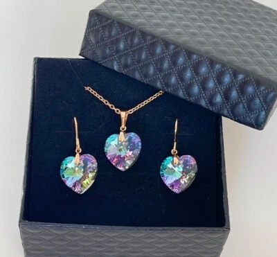 Herz Schmuckset Halskette Ohrringe Kristalle Lila 750er Gold 18K vergoldet Etui - Bild 1 von 4